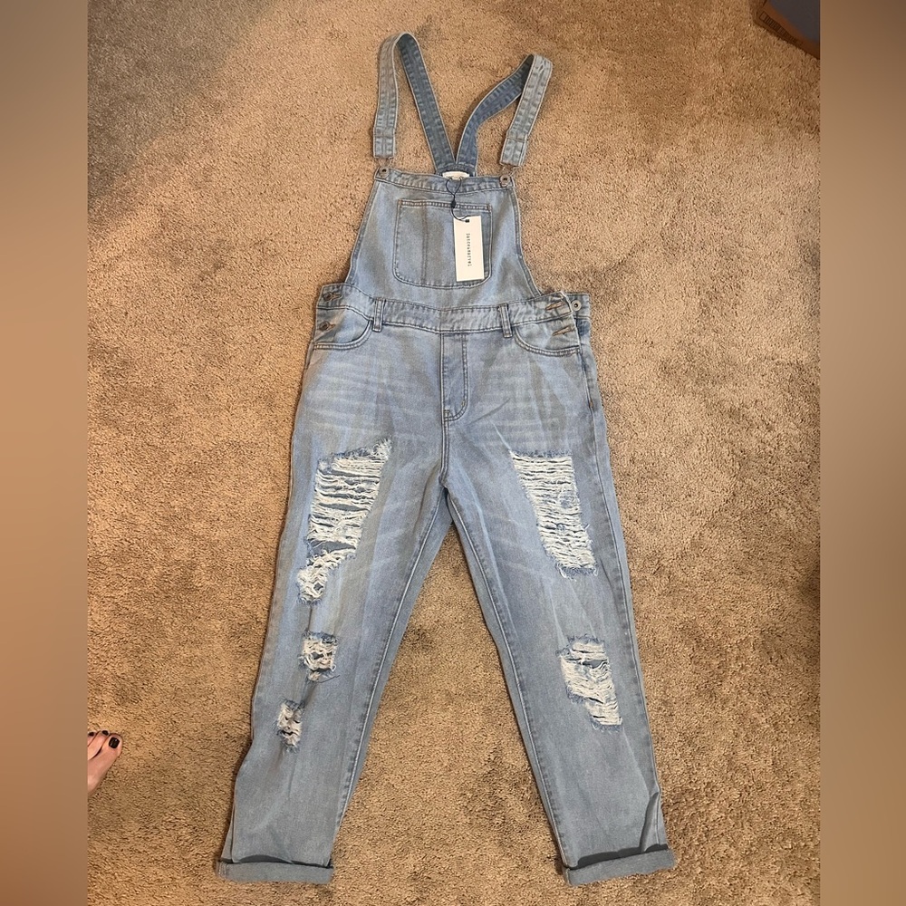 VICI NWT Dance and Marvel Distressed Light Blue Denim Overalls